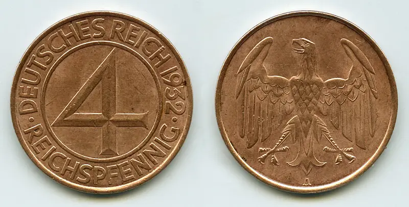 A copper coin shown front and back: a large figure 4 with 'Deutsches Reich 1932 Reichspfennig', and an eagle.