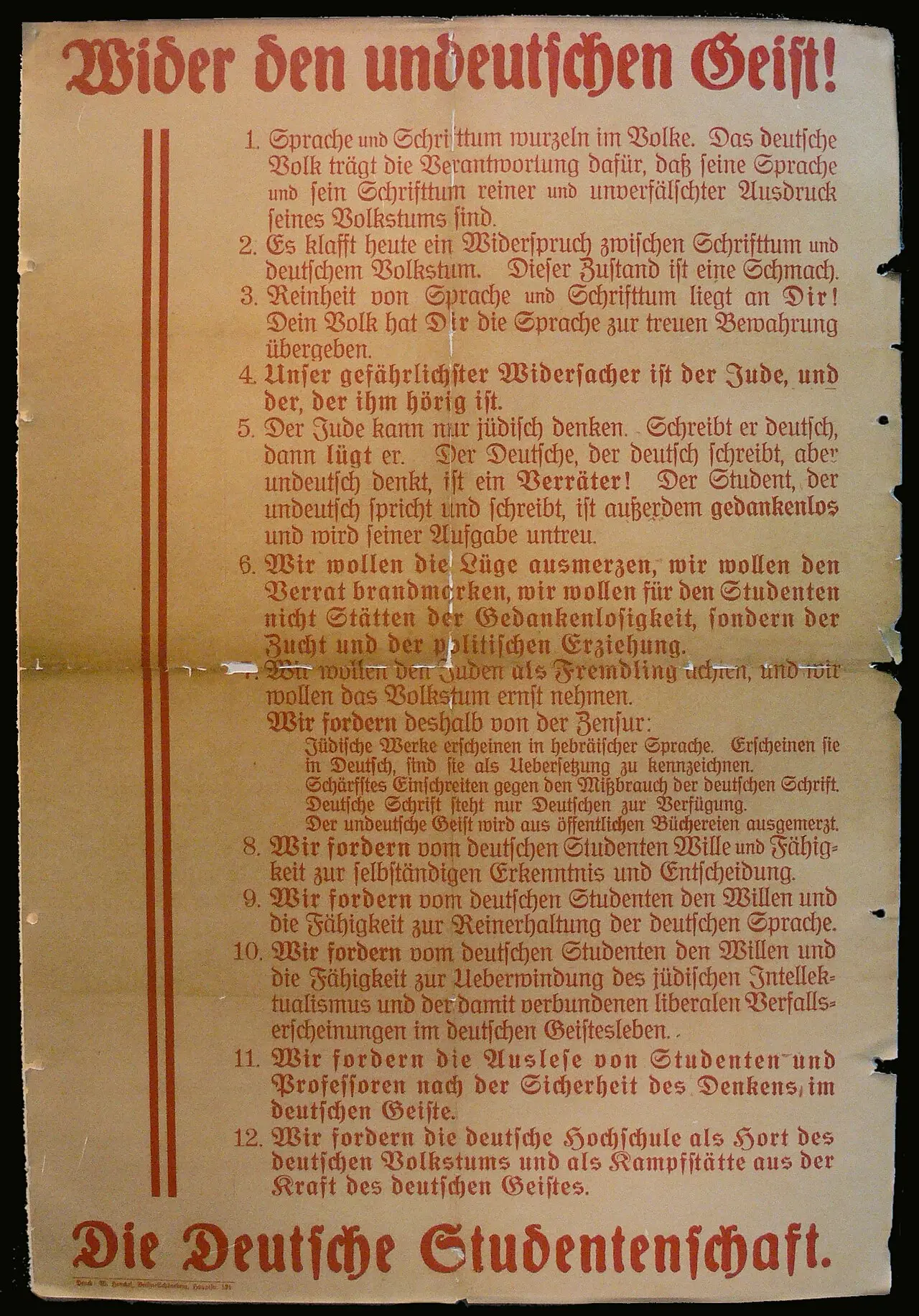 A yellowed poster with a large red Gothic heading and twelve numbered paragraphs in black and red Fraktur type, signed 'Die Deutsche Studentenschaft'.