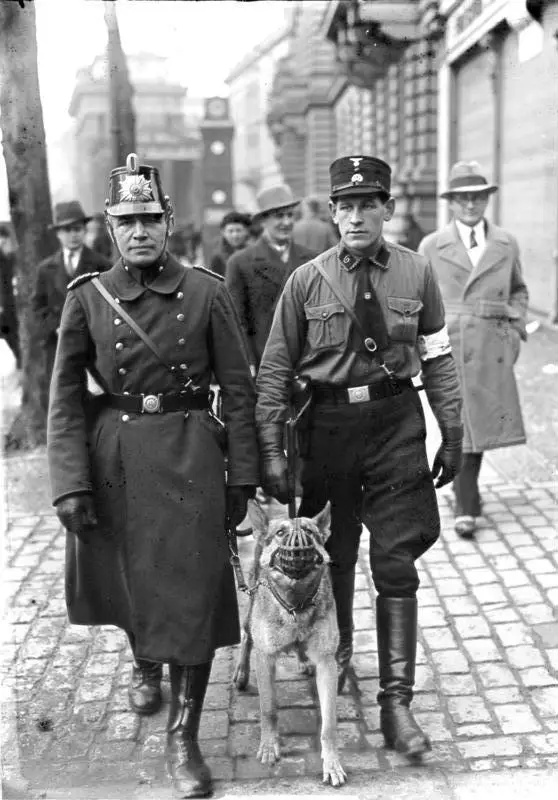 A policeman in a spiked shako and greatcoat and a man in SA uniform with a white armband walking a muzzled German shepherd dog along a cobbled pavement.