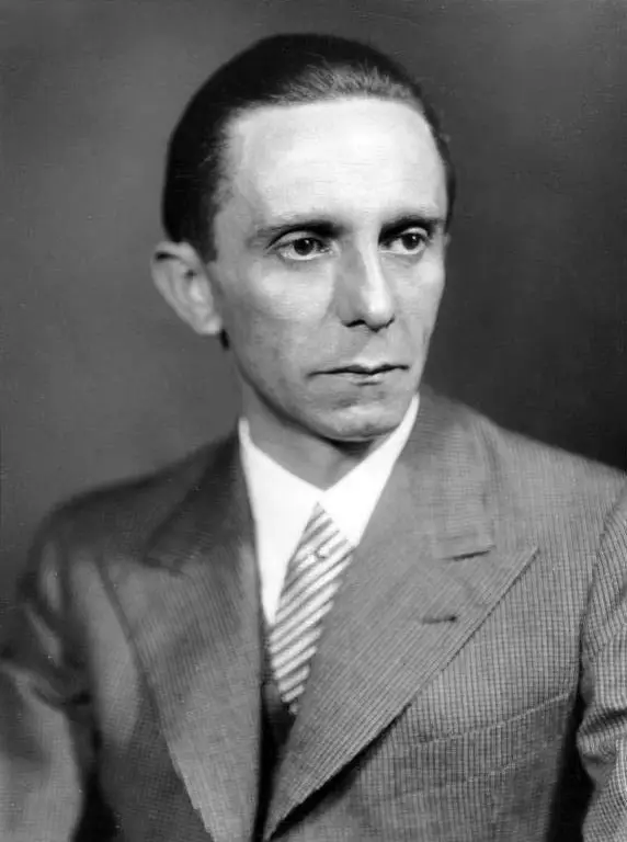 Head-and-shoulders portrait of Joseph Goebbels in a light checked suit and striped tie.