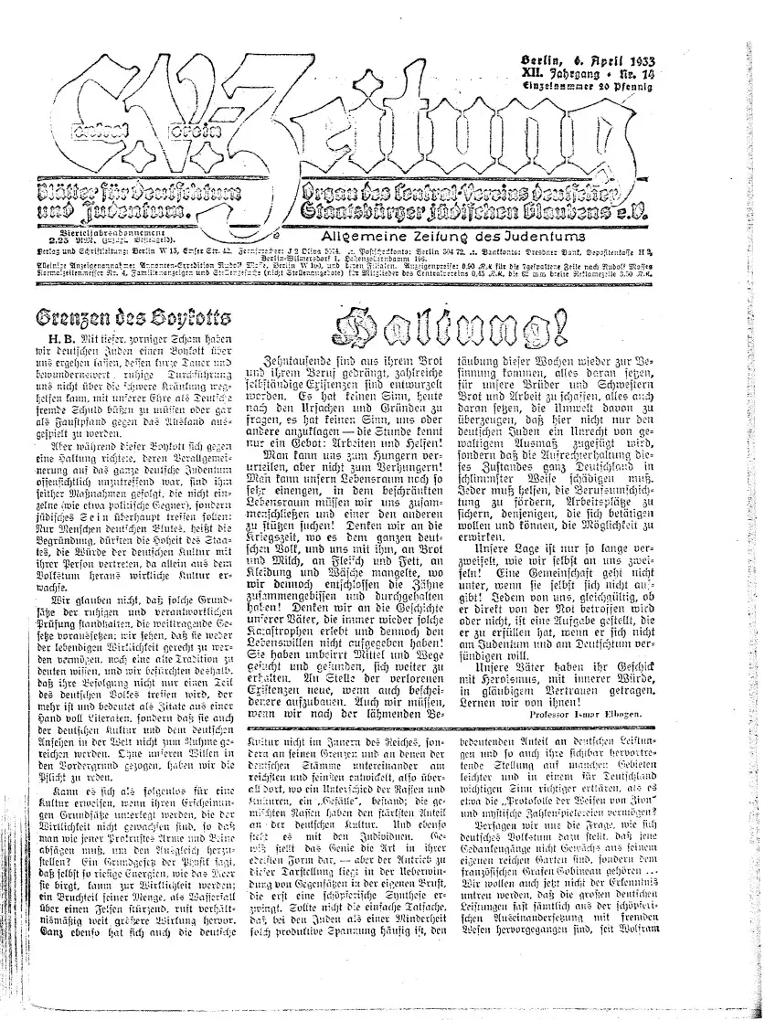 Front page of a German newspaper set in heavy black type with the masthead CV-Zeitung.