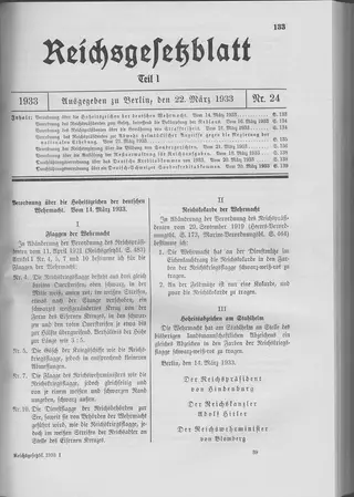 The Reichsgesetzblatt Teil I page on which the measure was published