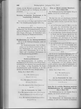 The Reichsgesetzblatt Teil I page on which the measure was published