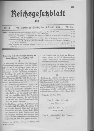 The Reichsgesetzblatt Teil I page on which the measure was published