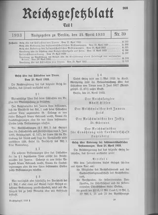 The Reichsgesetzblatt Teil I page on which the measure was published