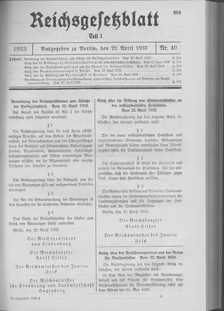 The Reichsgesetzblatt Teil I page on which the measure was published