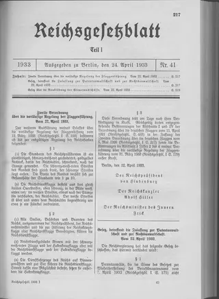 The Reichsgesetzblatt Teil I page on which the measure was published