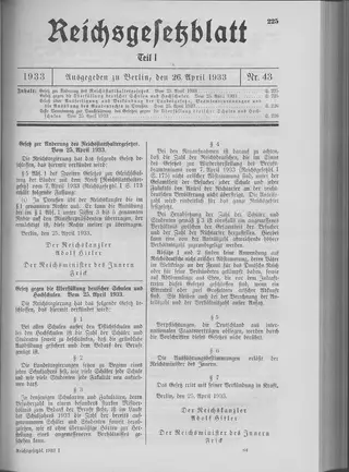 The Reichsgesetzblatt Teil I page on which the measure was published