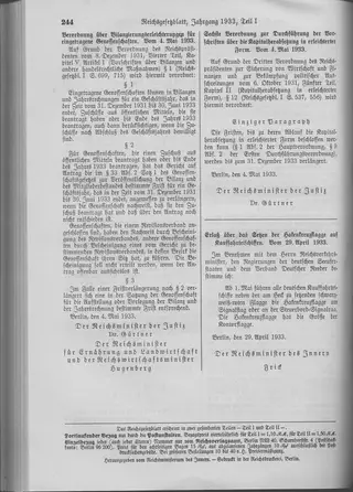 The Reichsgesetzblatt Teil I page on which the measure was published