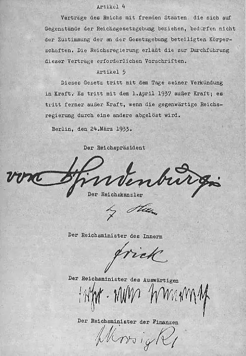 A typed page with Articles 4 and 5 of a law, followed by five handwritten signatures under official titles.