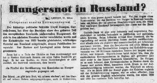 A newspaper clipping headed 'Hungersnot in Russland?' with two columns of German text.