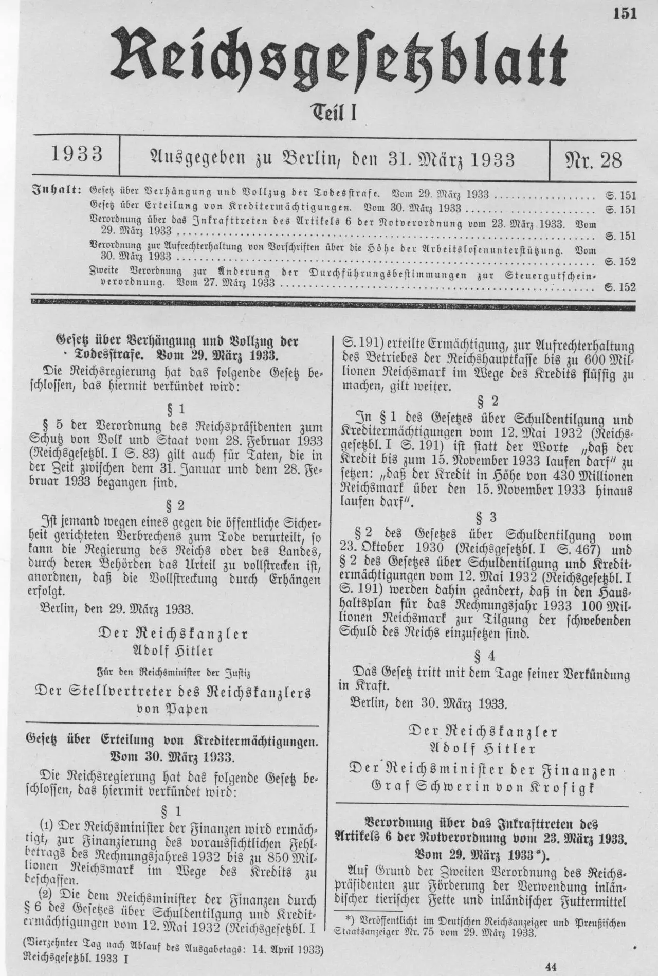 Scanned page of the Reich Law Gazette with the short text of the law on the death penalty set in German type.