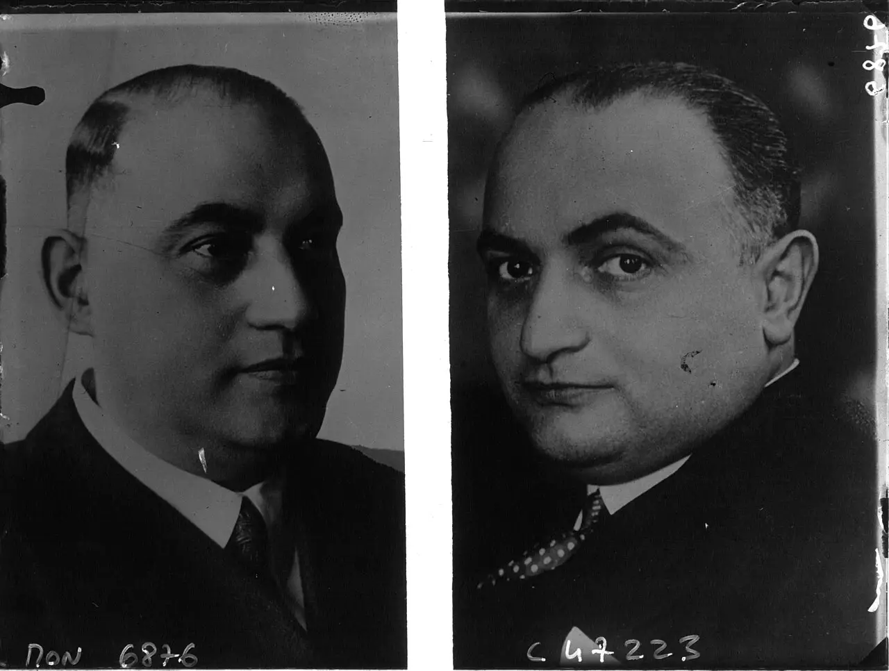 Two head-and-shoulders portraits of middle-aged men in suits and ties, side by side.