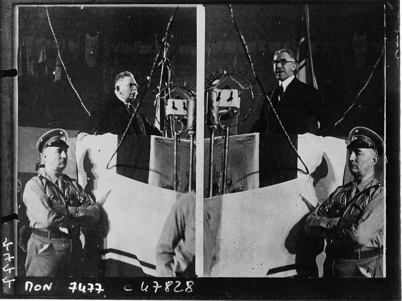 Two photographs side by side: in each a man in a dark suit speaks into microphones on a draped platform while a uniformed man with folded arms stands below