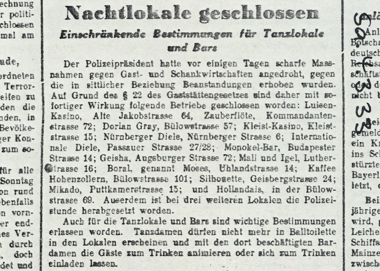 A newspaper cutting in German headed 'Nachtlokale geschlossen', with a paragraph listing bars and their street addresses.