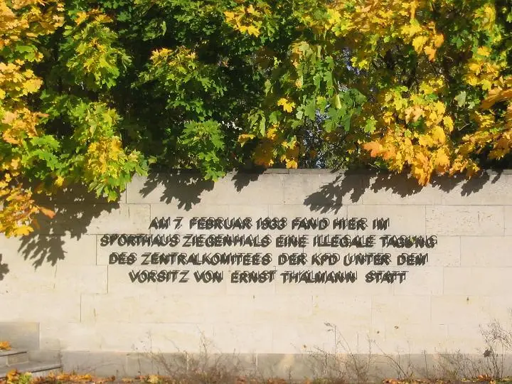 A carved inscription on a pale wall beneath autumn foliage