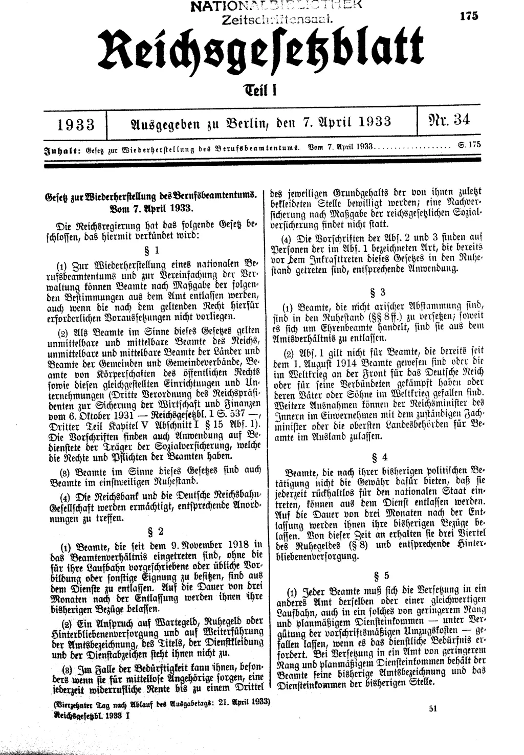 A printed gazette page in Gothic type headed Reichsgesetzblatt Teil I, 1933, Nr. 34, with the law's text in two columns.