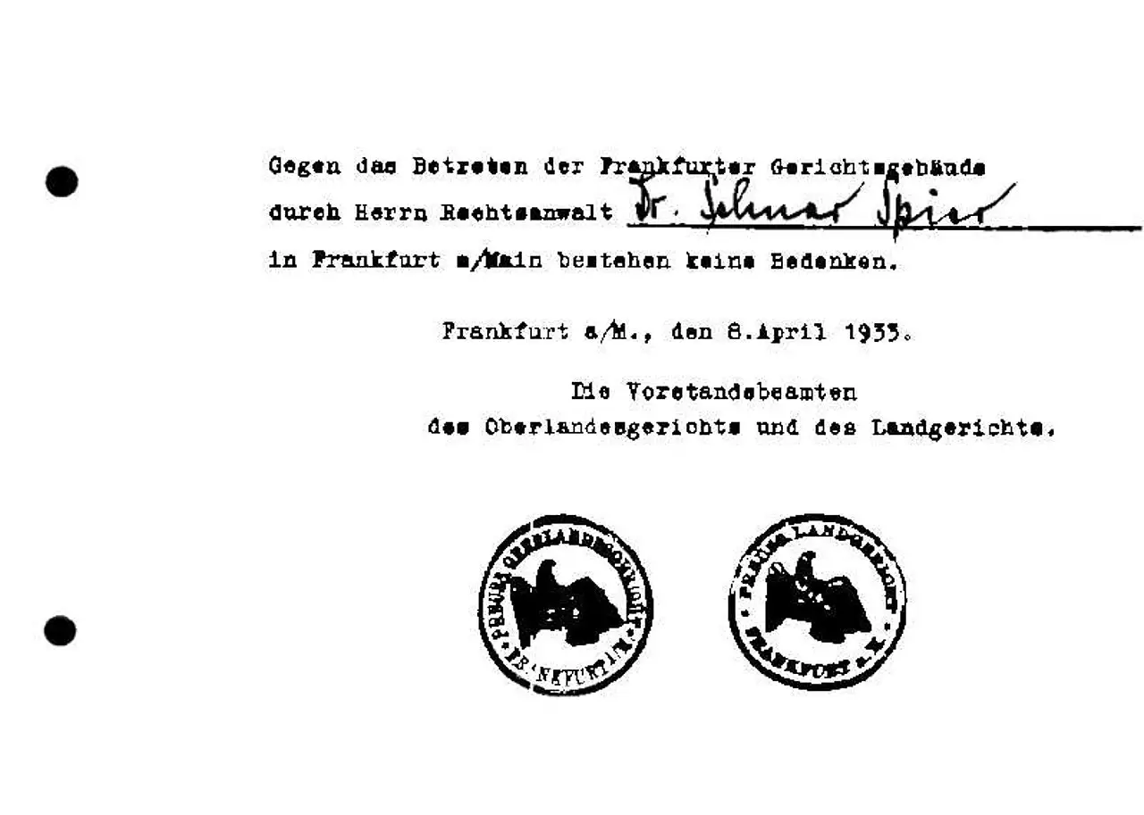 A typed slip of paper with a handwritten name, the date Frankfurt a/M., 8 April 1933, and two round court seals with eagles.