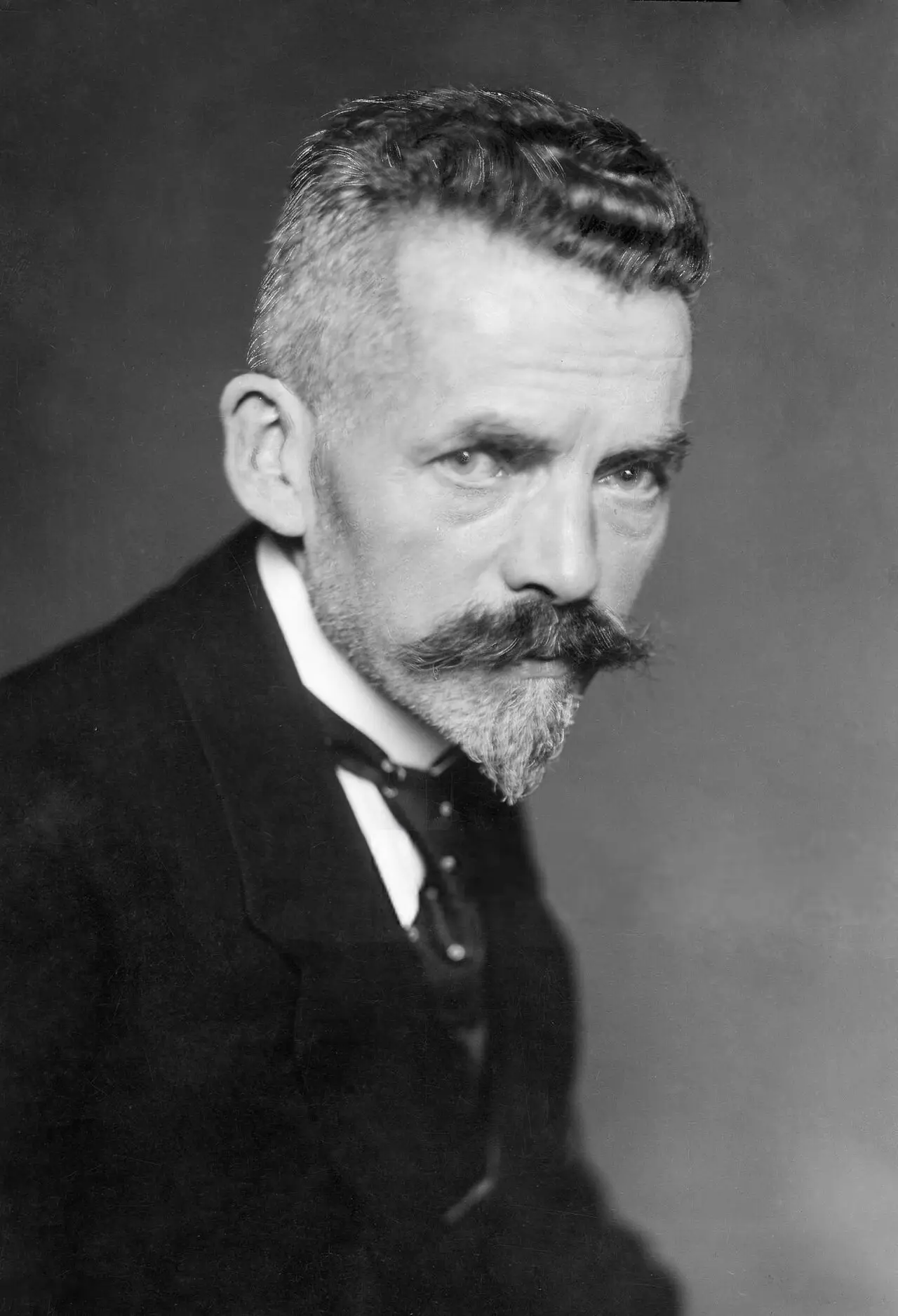 Portrait of a man with close-cropped grey hair, a moustache and a pointed beard, in a dark suit