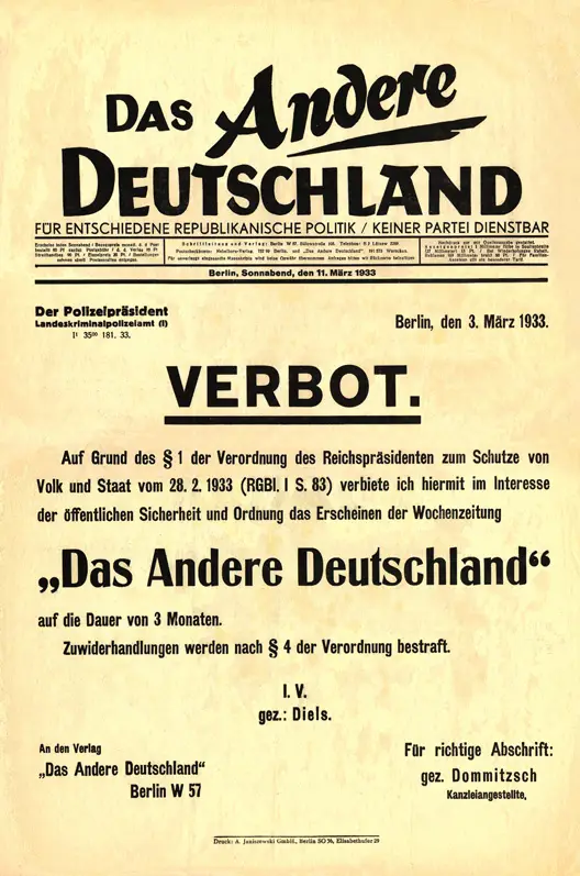 A newspaper page with the masthead 'Das Andere Deutschland' and beneath it, in large type, the word 'VERBOT.' above the text of a police order.