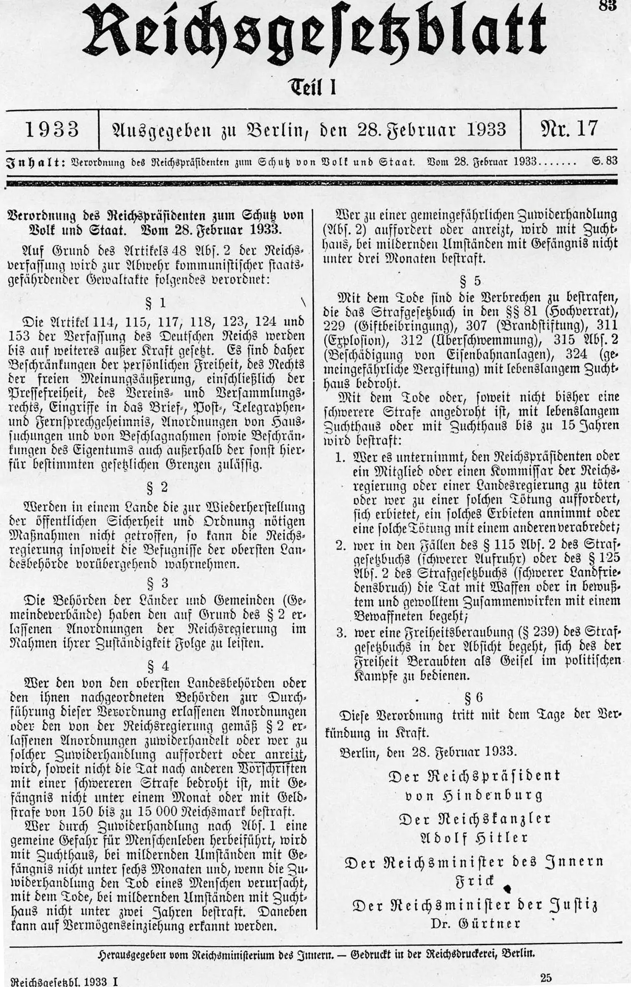 Printed gazette page in black-letter type headed Reichsgesetzblatt, with the text of the decree in two columns and the signatories' names at the bottom right.